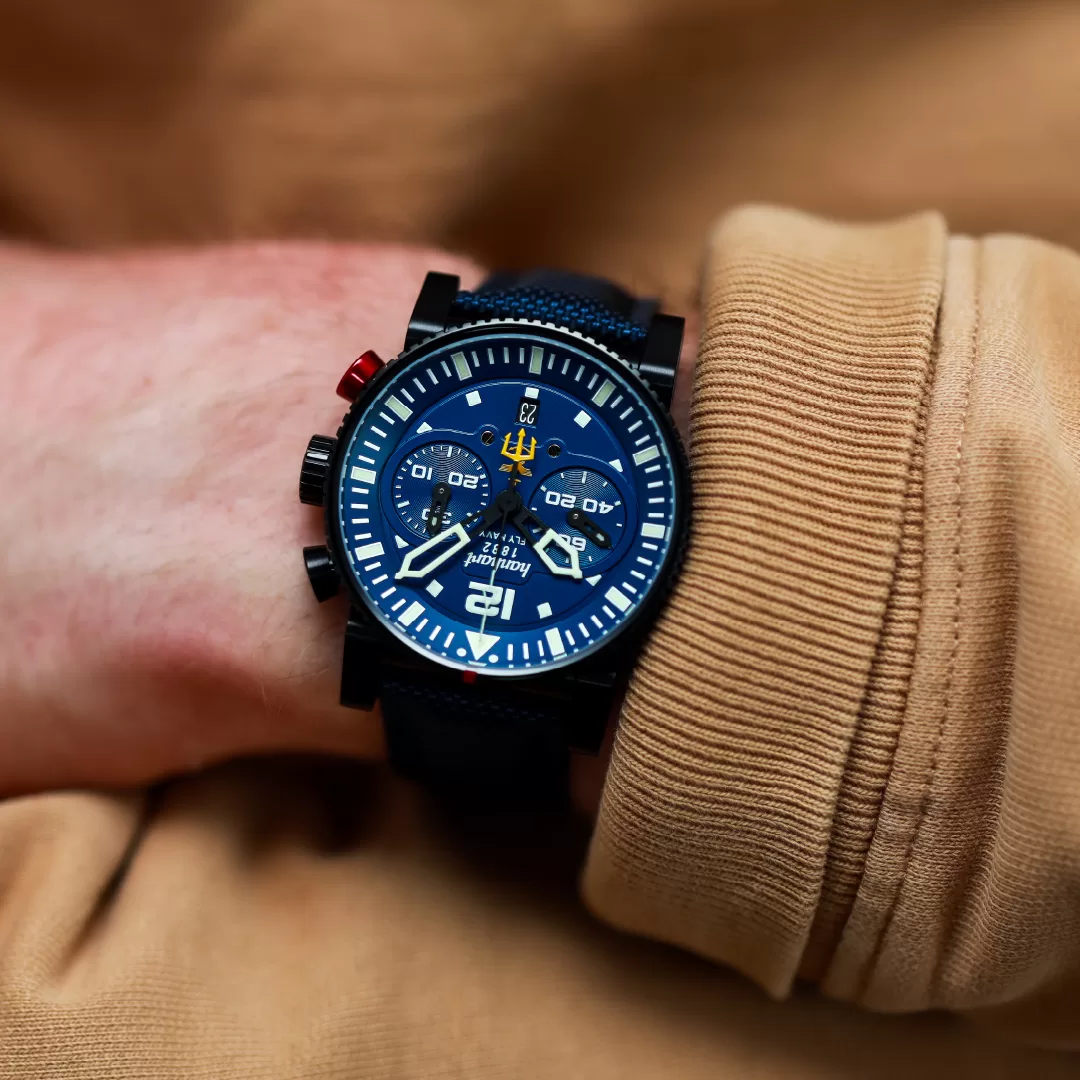 Hanhart PRIMUS Fly Navy Black PVD | Men's watch available at Define Watches